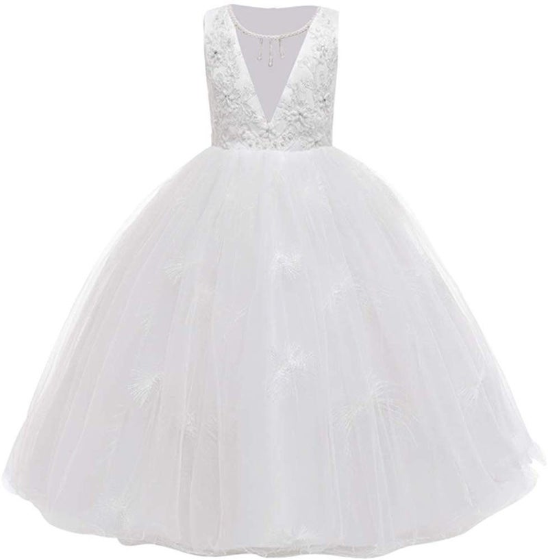 MYRISAM Little Girls Applique Princess Dress Bridesmaid Wedding Party Pageant Birthday Formal Dance Long Maxi Tulle Gown White 11-12T - Image 1